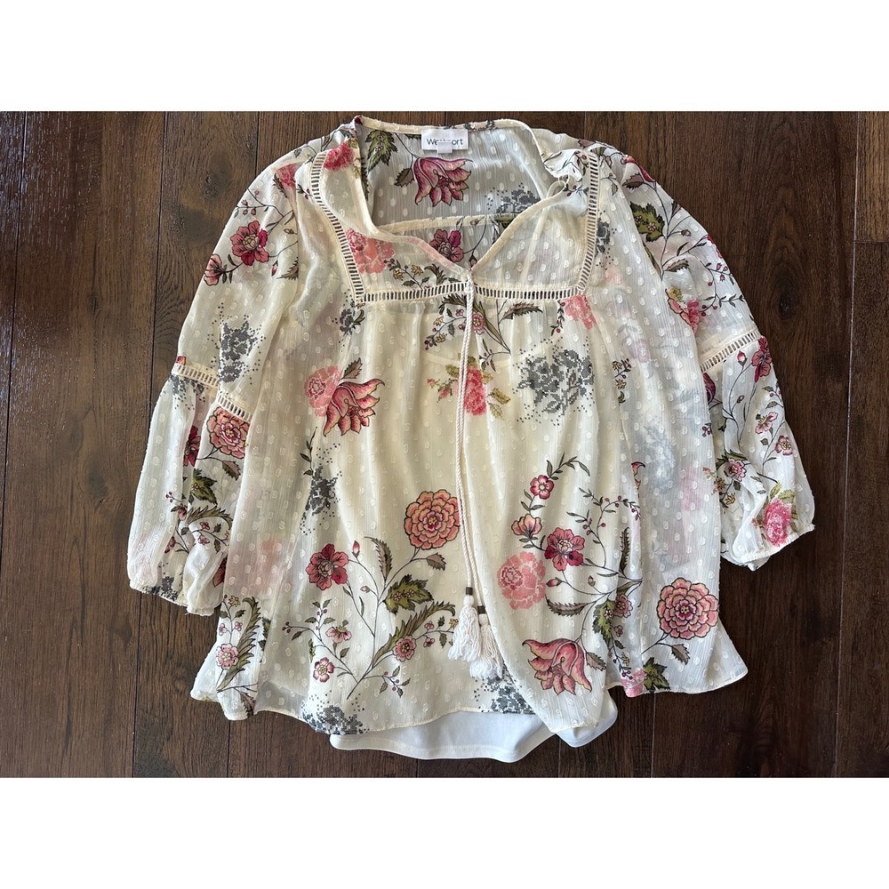 Westport Women Floral Clip Dot Blouse Cream Pink Ladder Lace Trim Top Large